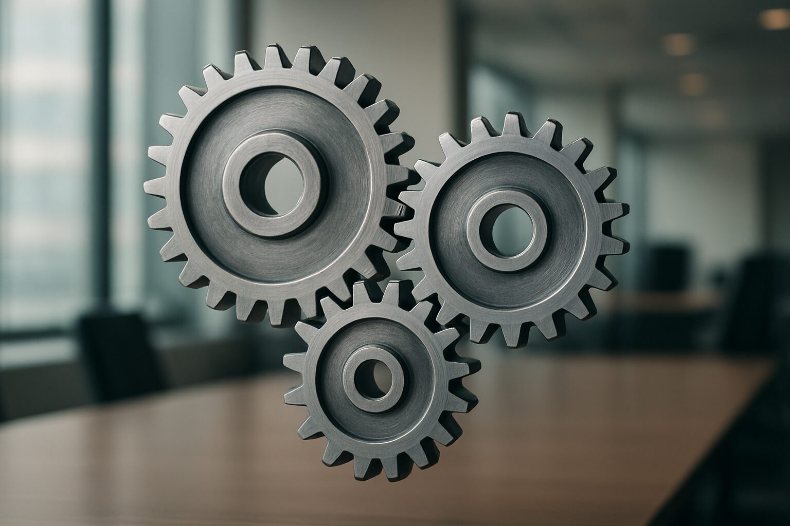 Three interlocking metallic gears on a wooden table with a blurred office background.