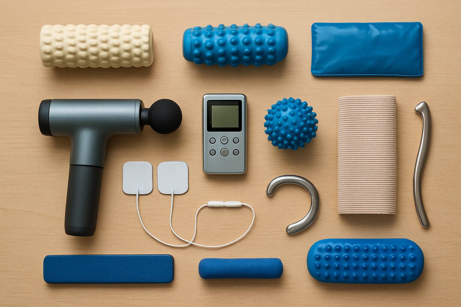 Various pain management tools including a massage gun, foam rollers, and electrodes arranged on a wooden surface.