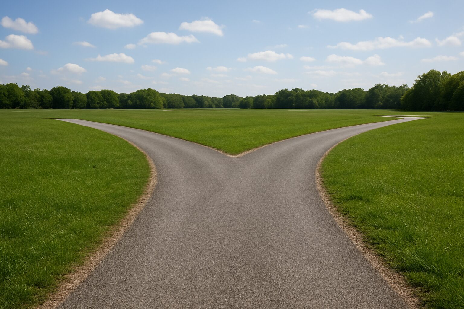 A fork in the road on a sunny day with green grass and trees in the background