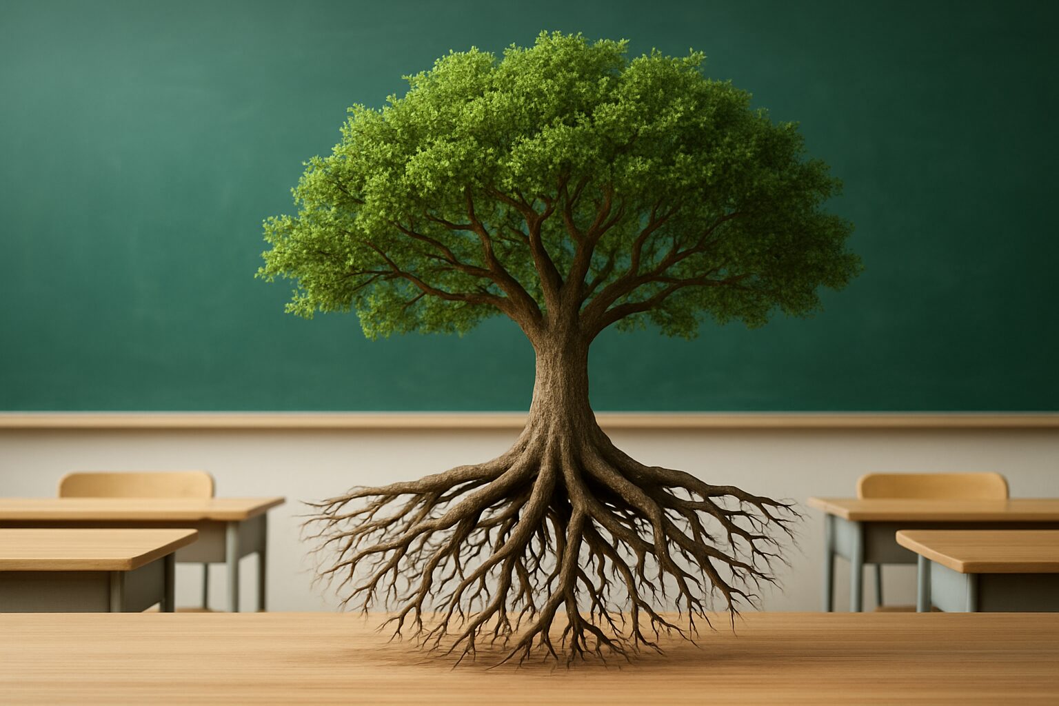 A tree with visible roots positioned in a classroom setting with a green chalkboard in the background