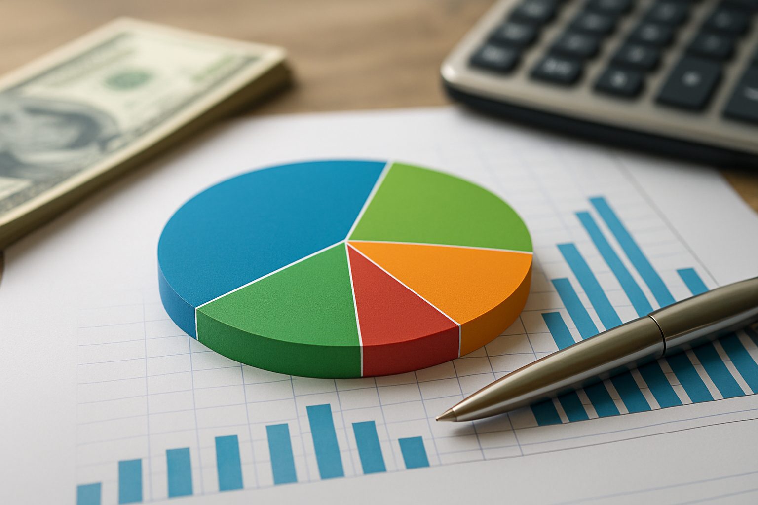 Colorful pie chart beside a calculator and money